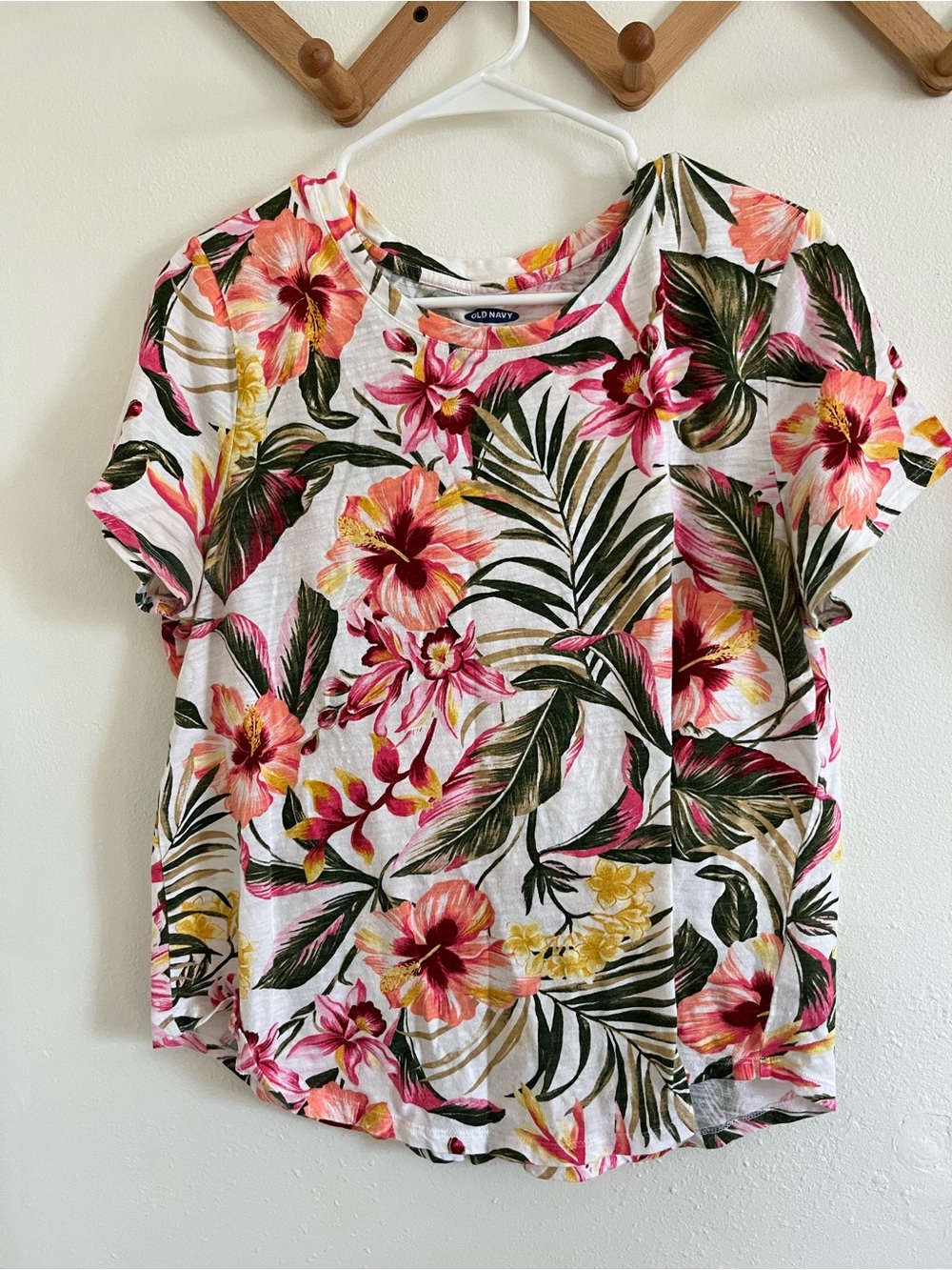 Old Navy White Tropical Floral Short Sleeve Tee with Pink & Green Accents